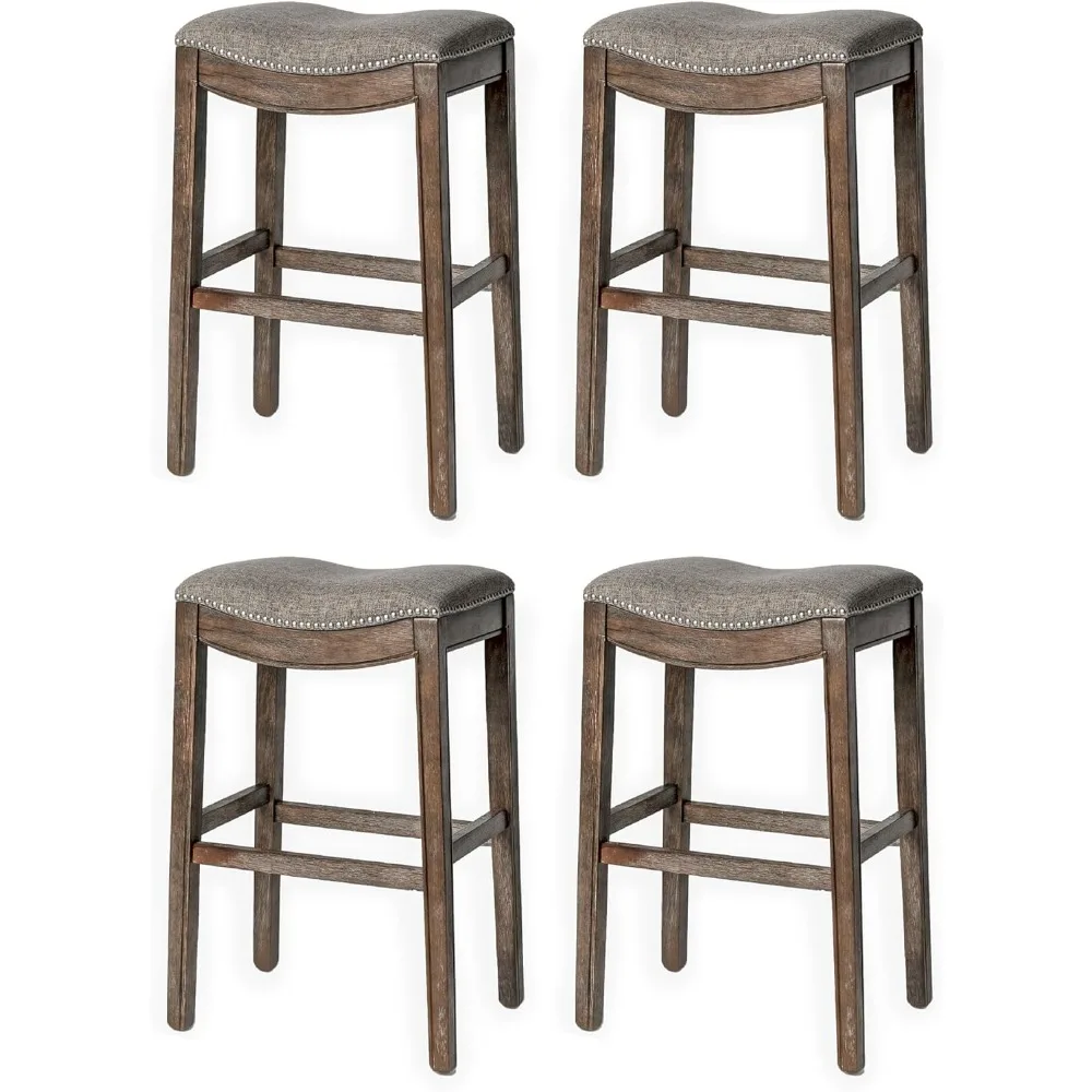 

Bar Stool Set of 4, Height Upholstered Backless Saddle Barstool in Dark Walnut Finish with Ash Grey Fabric Cushion Seat