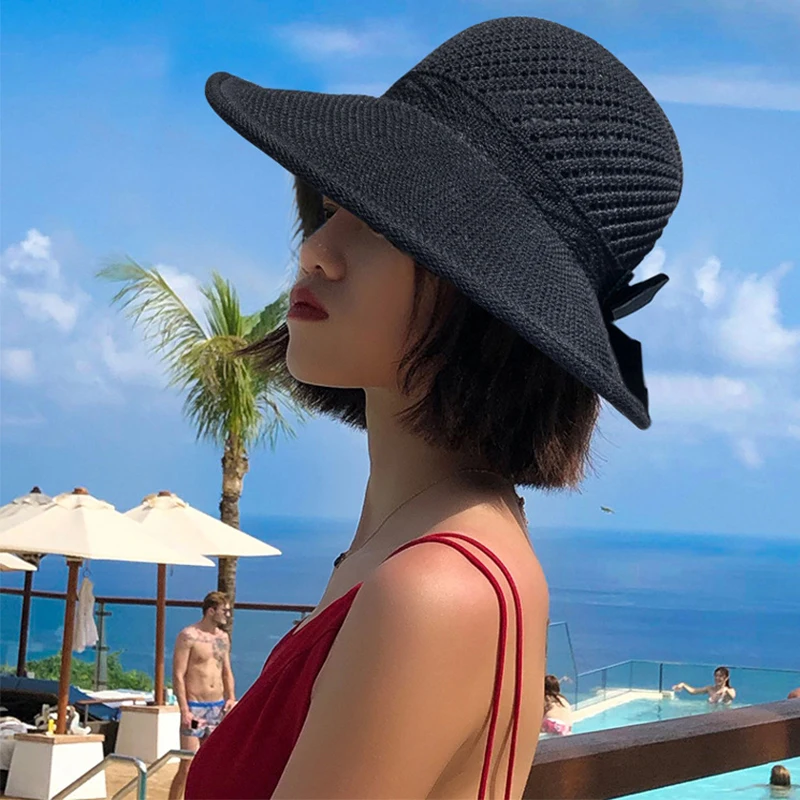 Women Summer Big Wide Brim Straw Hat Female UV Protect Ponytail Beach Sun Hats Hollow Top Foldable Ribbon Bows Ladies Panama Cap