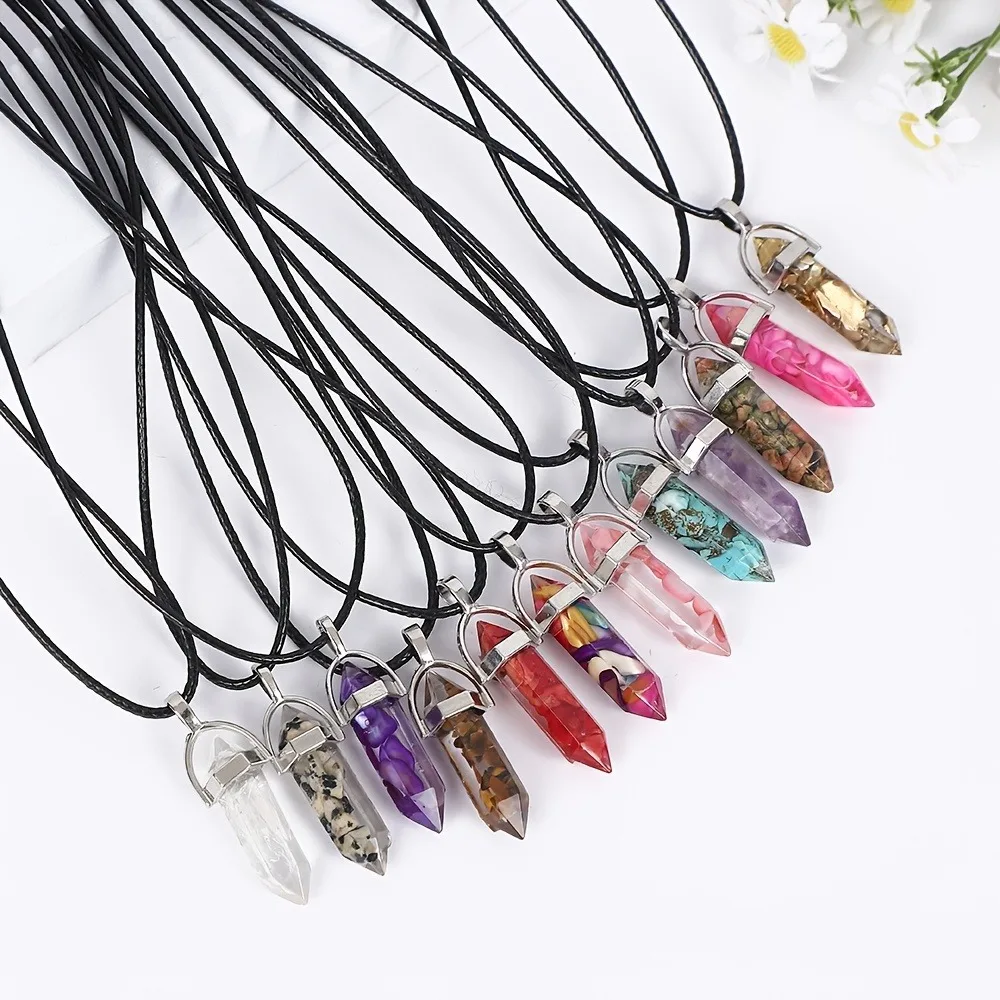 10Pcs Resin Pebble Natural Stone Hexagonal Prism Pendant with Adjustable Black Leather Cord, Synthetic Crystal Necklace Set.