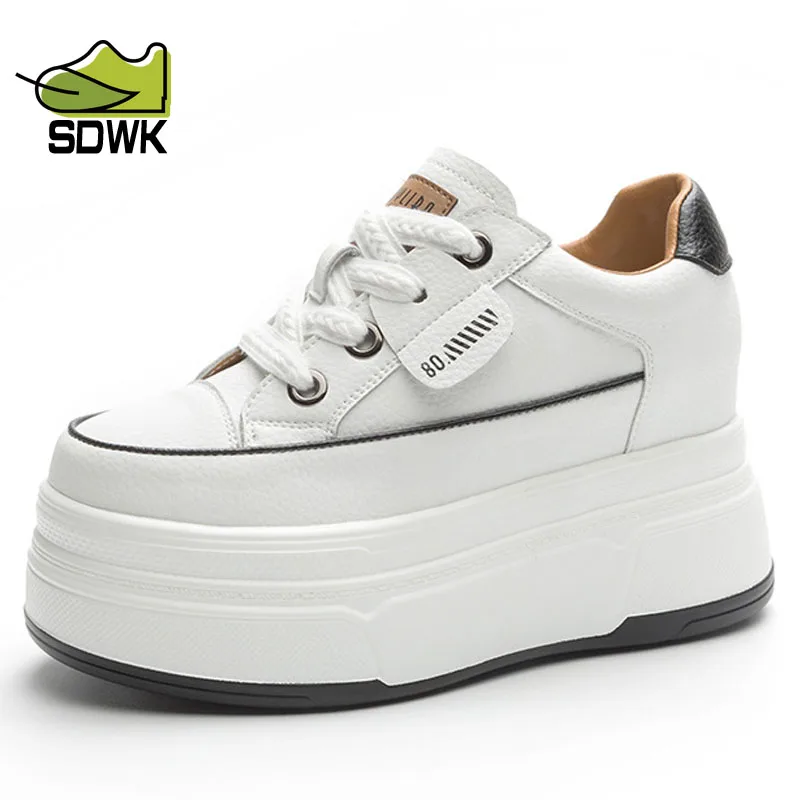 

SDWK 9cm Cow Genuine Leather Women Vulcanized Shoes Platform Wedge Skate Boarding High Brand Heels Casual Stable Shoes AD4701