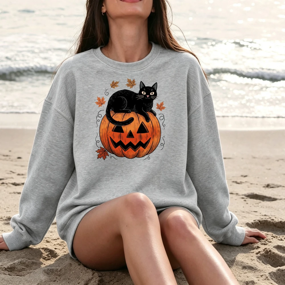 Black Cat Pumpkin Autumn Leaves Halloween T Shirt Women Spooky Graphic Print Short Sleeve Casual Beach Vacation Girlfriend Gift