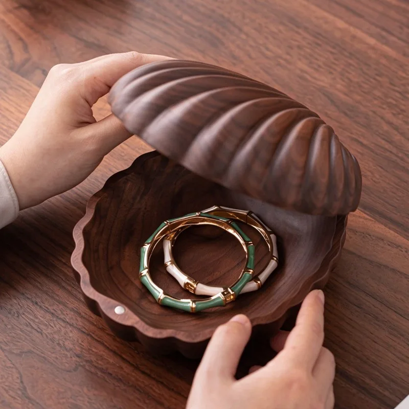 Solid Wood Earring Storage Box Vintage Ring Organizer Case Travel Portable Necklace Storage Cases Shell Jewelry Collection Boxes