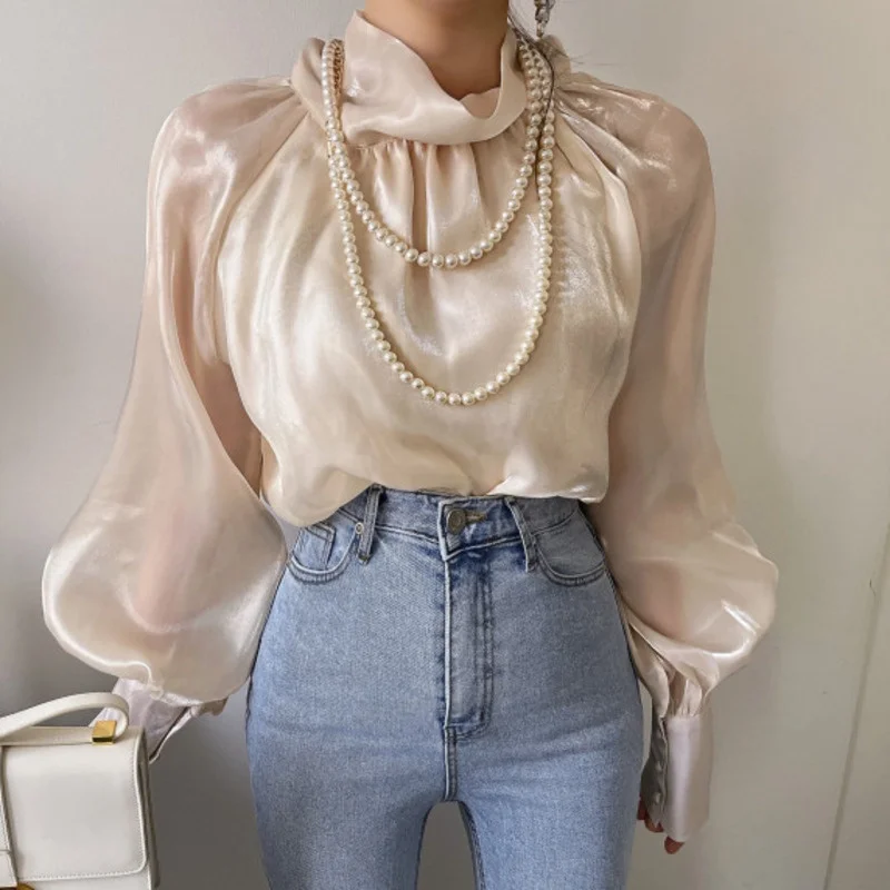 

Soft High Neck Bow Lace-up Shirt For Women Long Sleeve Chiffon Korean Blusas Top 2023 Spring Autumn New Ladies Top M580