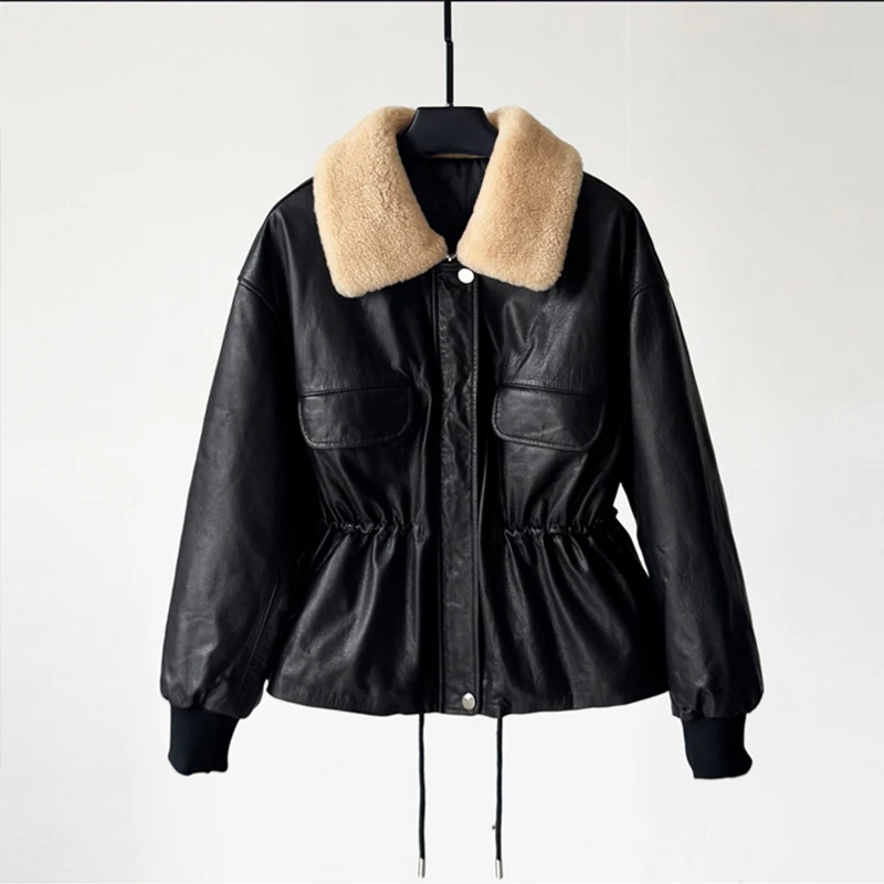 2025 겨울 여성용 리얼 레더 다운 재킷 코트, 패션 숏 양털 칼라 슬림 웨이스트 왁스드 소가죽 따뜻한 재킷 탑