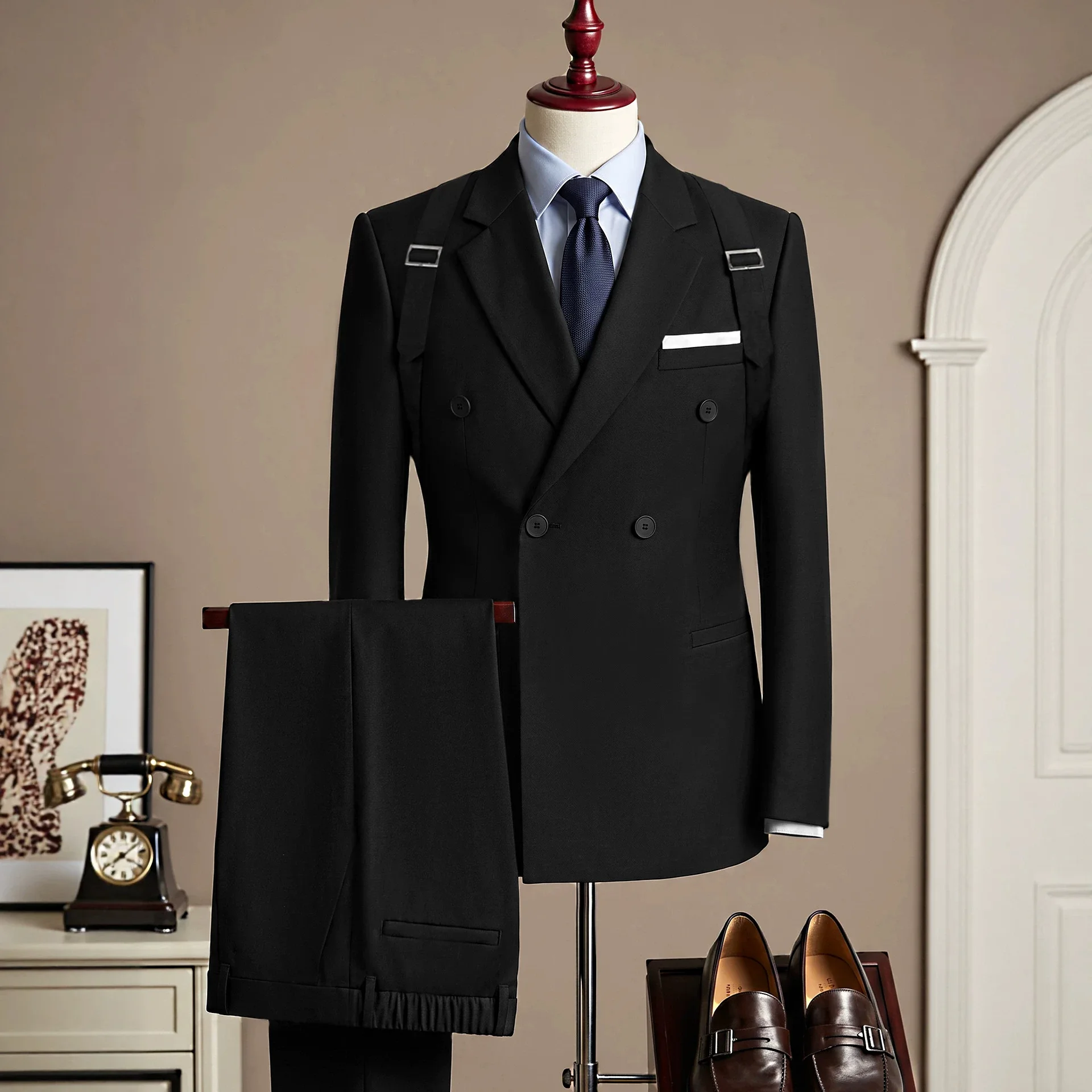 2026 European And American Men's Clothing Light Business Shoulder Strap Suit Gentleman's Banquet Flat Barge Collar Solid Color