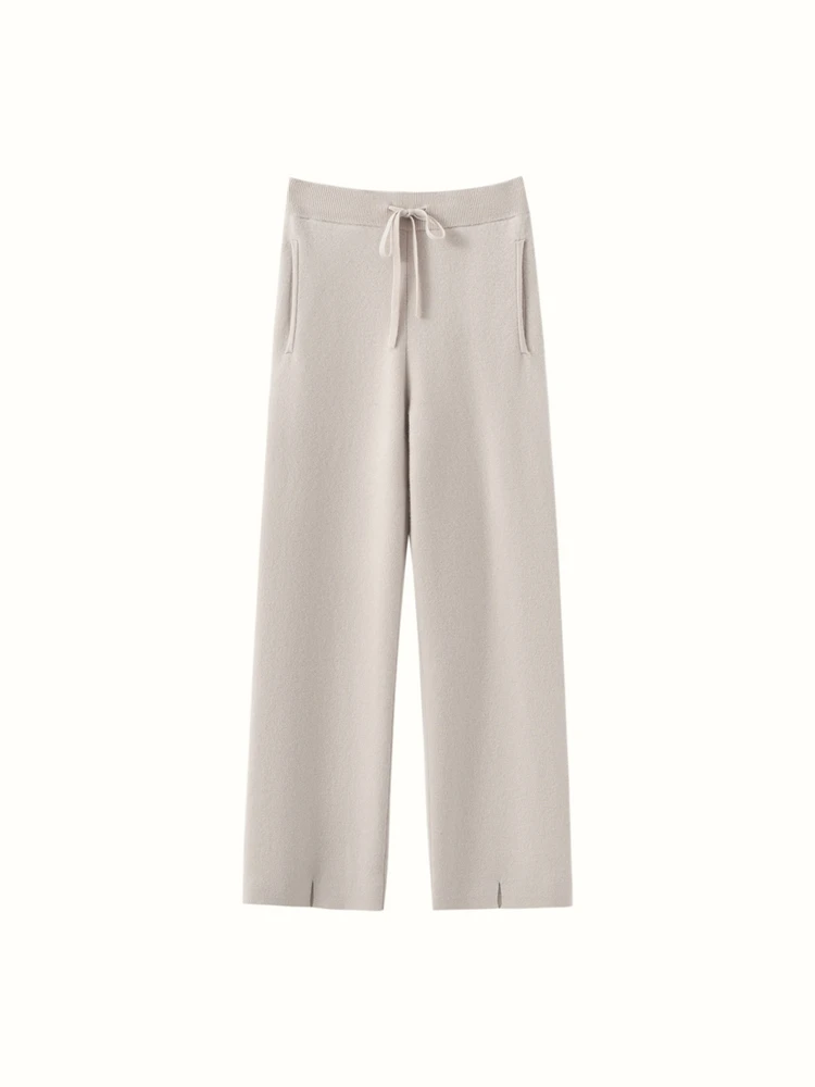 

New 100% Pure Cashmere Knitted Straight Leg Pants Women High Waisted Floor Length Soild Loose Versatile Trousers High Quality