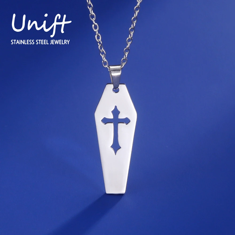 Unift Goth Gothic Cross Necklace Men Women Stainless Steel Coffin Pendant Punk Hip Hop Jewelry Y2k Death Amulet Halloween Gift