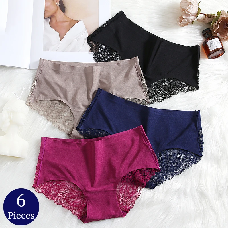 TrowBridge 6PCS/Set Women\'s Panties Exquisite Lace Underwear Silk Satin Sexy Lingerie Female Briefs Plus Size Comfort Underpants