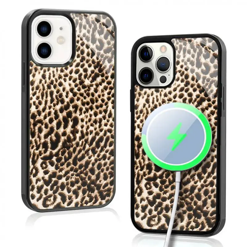 Cheetah Fur Pattern Phone Case For IPhone 11 12 13 14 15 Plus Pro Max Mirror Acrylic Cover For Magsafe Wireless Charging