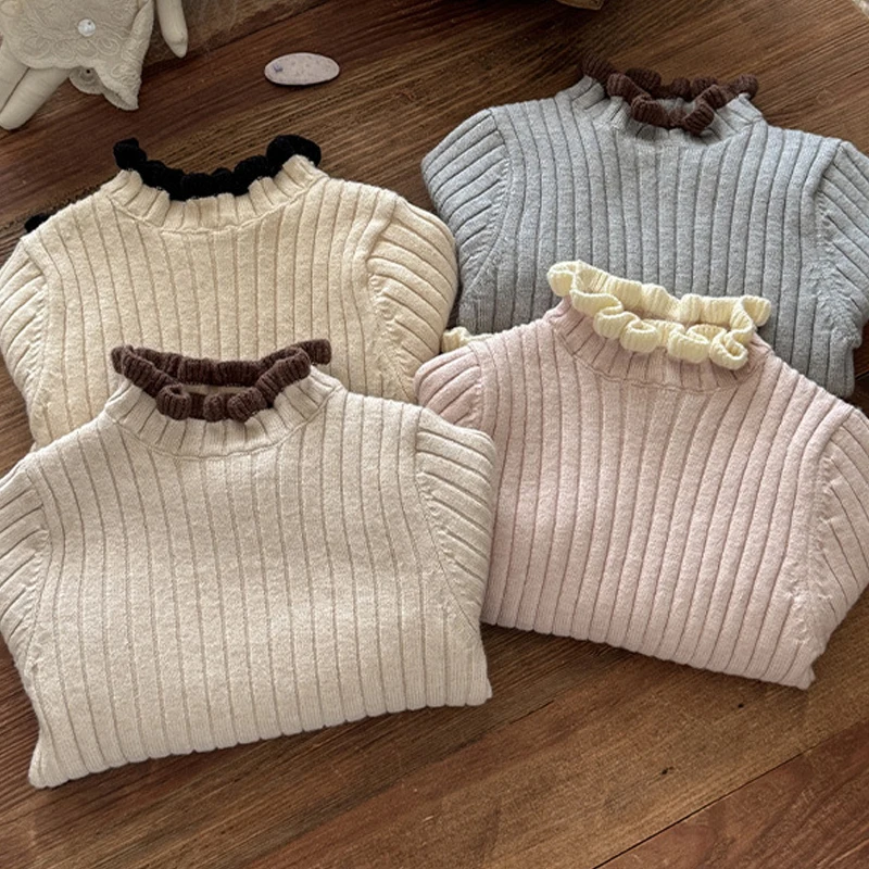 الفتيات سترة طويلة الأكمام الخريف الشتاء جديد نصف الياقة المدورة الدانتيل قاعدة ملابس داخلية البلوز Kawaii ملابس الأطفال