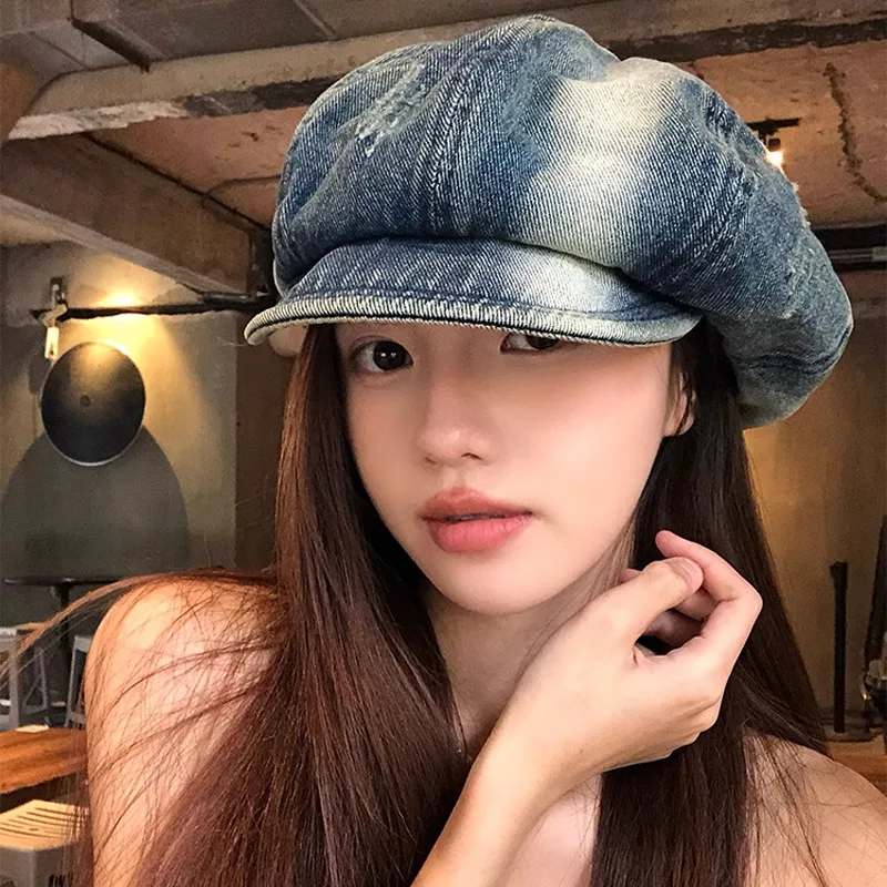 

Harajuku Japanese Washed Old Denim Octagonal Newsboy Cap Women's Retro Big Head Short Brim Sunshade Casual Painter Hat