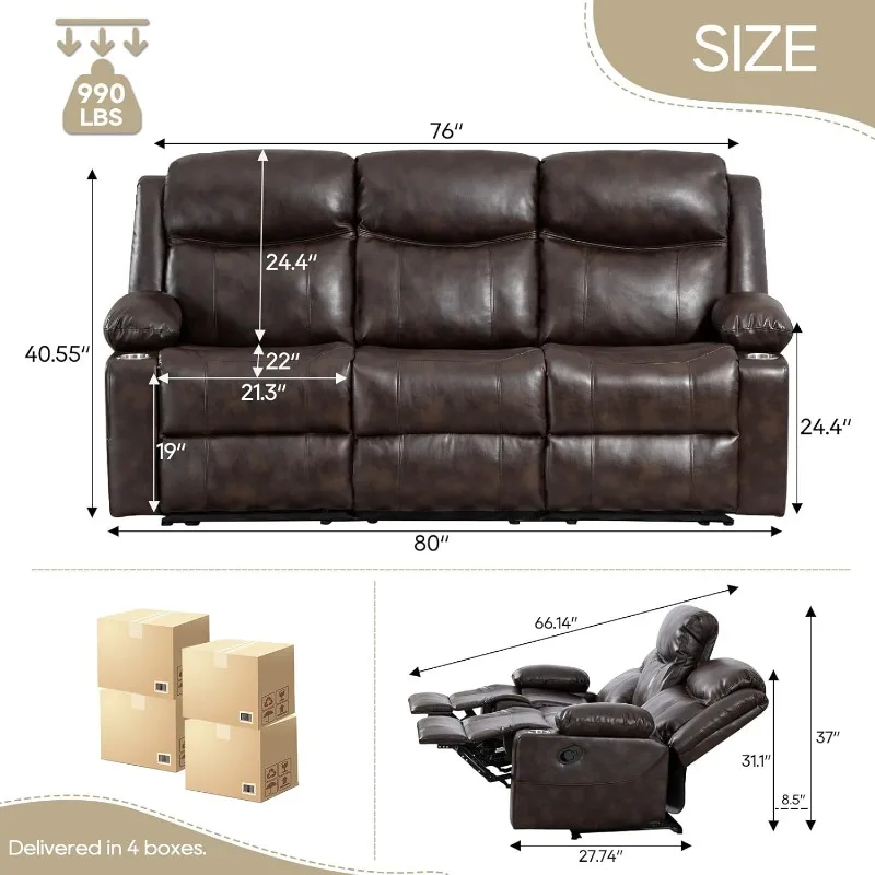 Manual Reclining Sofa - 3 Seat Recliner Sofa with Heat & Massage Function, Wall-Hugger Reclining Sofa for Living Room (Brown)