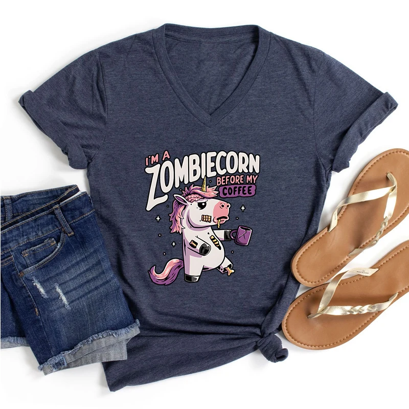 Funny Shirt Print I\'m Zombiecorn Before My Coffee Women Short Sleeves V-neck Cute Unicorn High Street Girl Fashion Trend Shirts