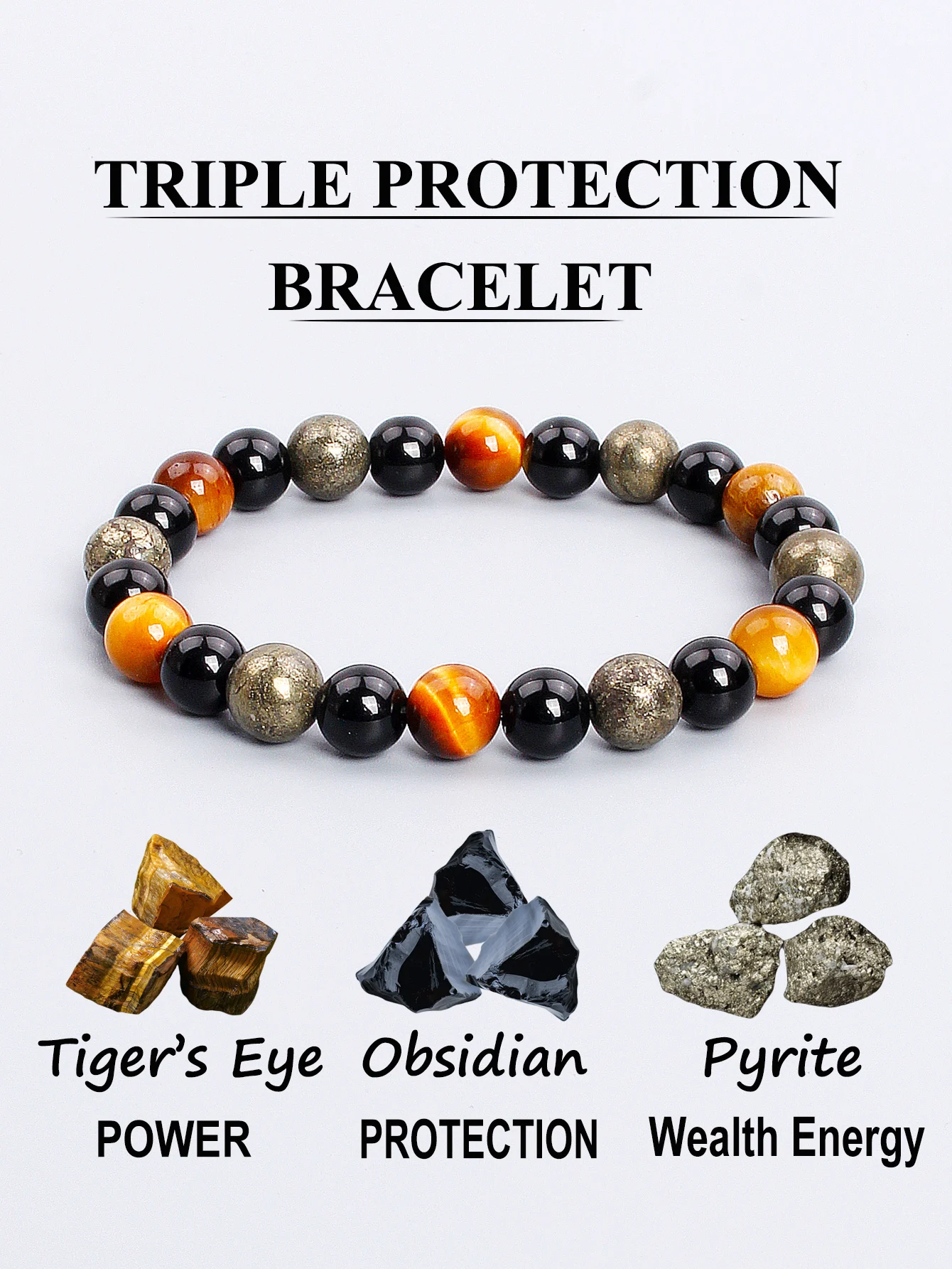 Natural Stone Triple Protection Bracelet with Orange Tiger Eye Obsidian & Pyrite Beads for Courage Grounding Wealth Jewelry Gift