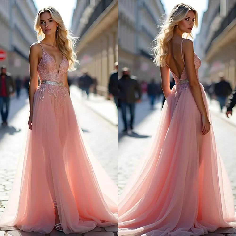 

High Quality Customized Thin Suspenders Backless Sleeveless Beaded Floor Length Elegant Dress Women for Wedding Party Vestidos