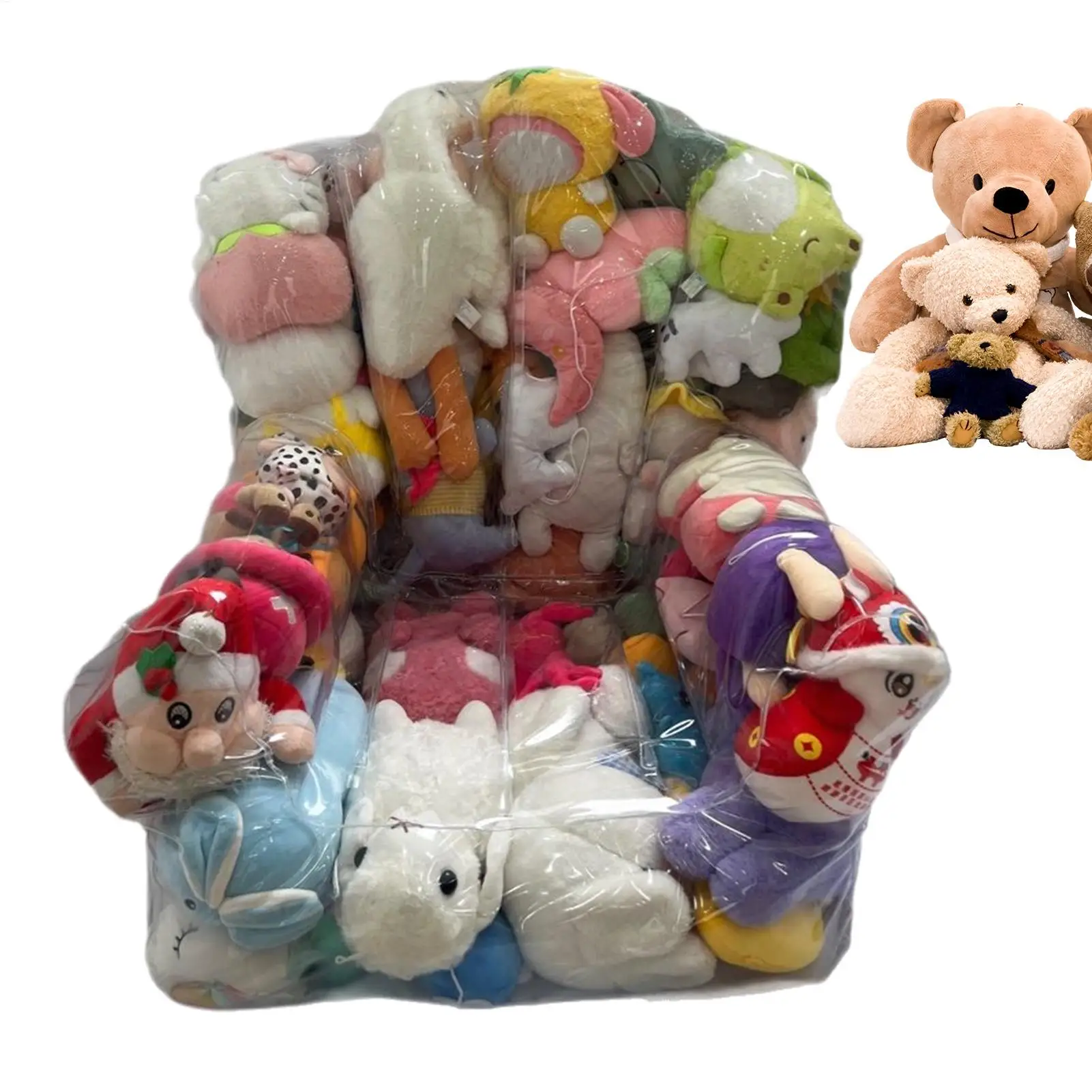 35 x 45 cm/80 x 65 cm PVC-Sitzsack mit Stofftier-Aufbewahrung, durchsichtige, wasserdichte Spielzeug-Aufbewahrungstasche mit Reißverschluss, Organizer zum Aufbewahren von Spielzeug
