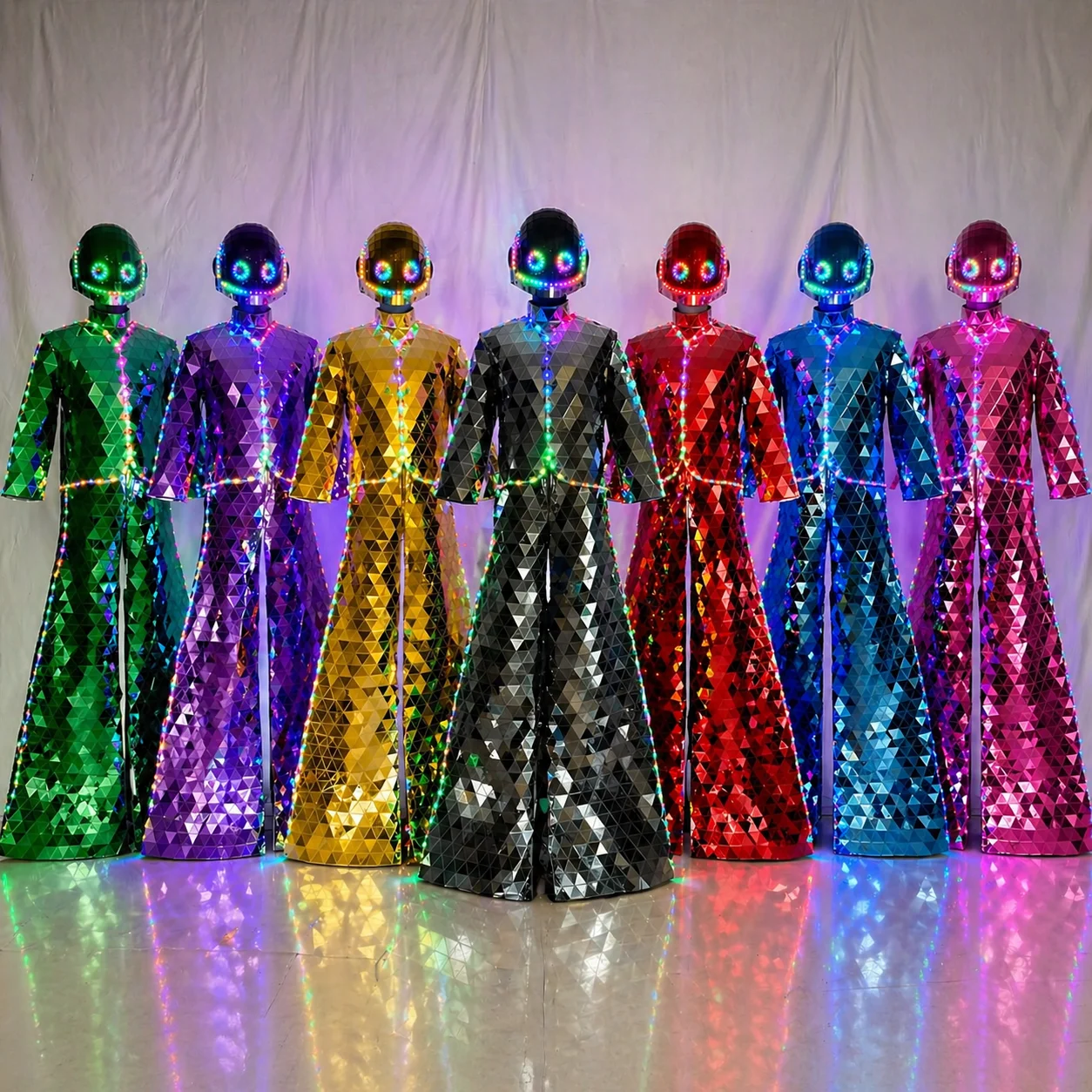 

Full Set Reflective Mirror Stilt Walker Costume LED Glowing Helmet Design Iridescent RGB Lights Nightclub Party Show Wear