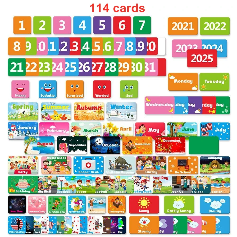 Kalender dan cuaca kantong musim grafik tanggal bulan hari tahun untuk anak usia dini dengan 114 kartu Perlengkapan Sekolah