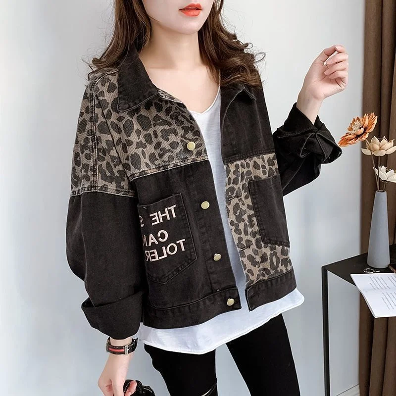 Spring Autumn Trendy Leopard Print Tops 2024 Women Large Size 4XL Printing Denim Coat Korean Ladies Fashion Short Jeans Jacket