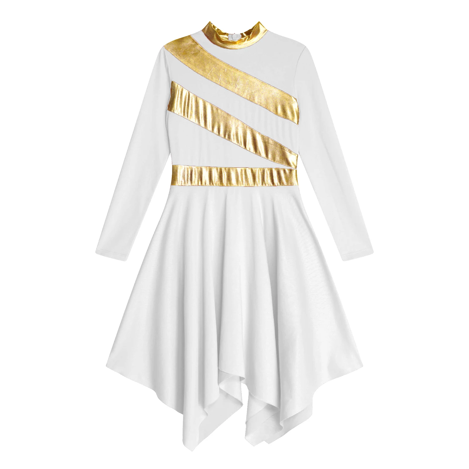 Kids Girls Worship Praise Dance Dress Long Sleeve Metallic Asymmetrical Tunics Liturgical Chruch Choir Stage Performance Costume