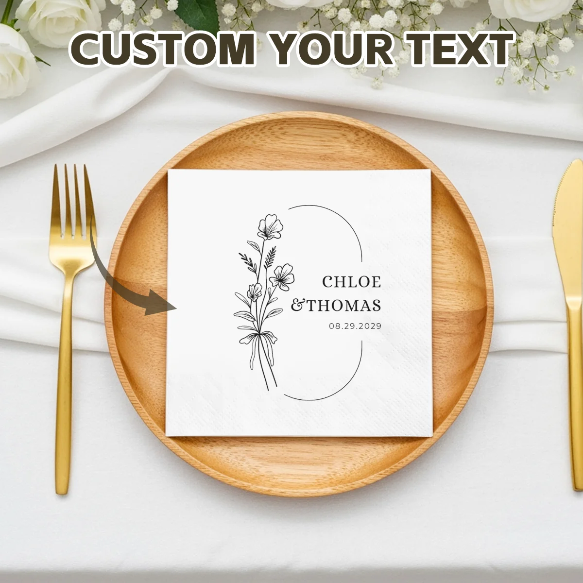 Servilletas de papel personalizadas para boda, servilletas personalizadas con texto, servilletas desechables elegantes de flores, para Baby Shower, despedida de soltera