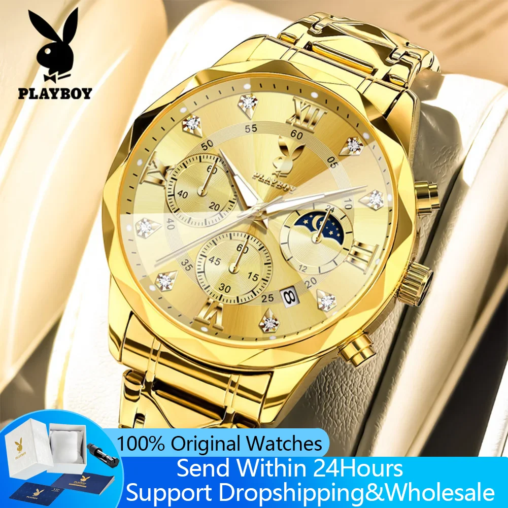 PLAYBOY 3088 Men's Watches Fashion Rhombus Mirror Waterproof Luminous 24 Hour Moon Phase Chronograph Original Quartz Wristwatch