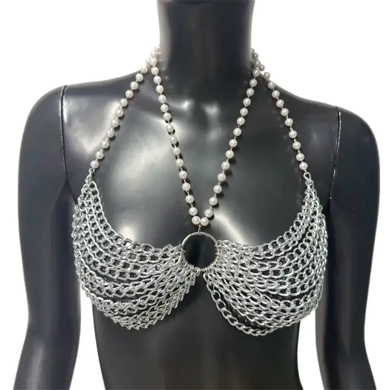 

Fashion Metal Chain Women Tank Top Sexy Backless Pearl Chain Halter Neck Hollow Out Tassel Camisole Rave Festival Crop Tops