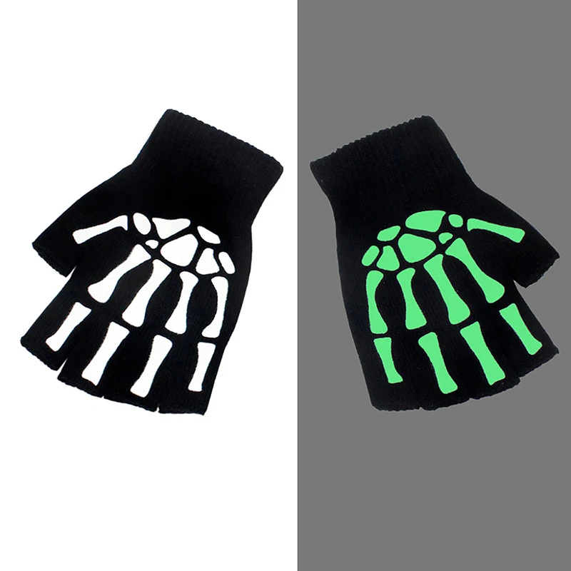 Neue Kinder Halloween Handschuhe Skelett Schädel Halbfinger Leuchtende Punk Handschuhe Winter Schädel Fingerlose Schwarz Gestrickte Winter Fäustling