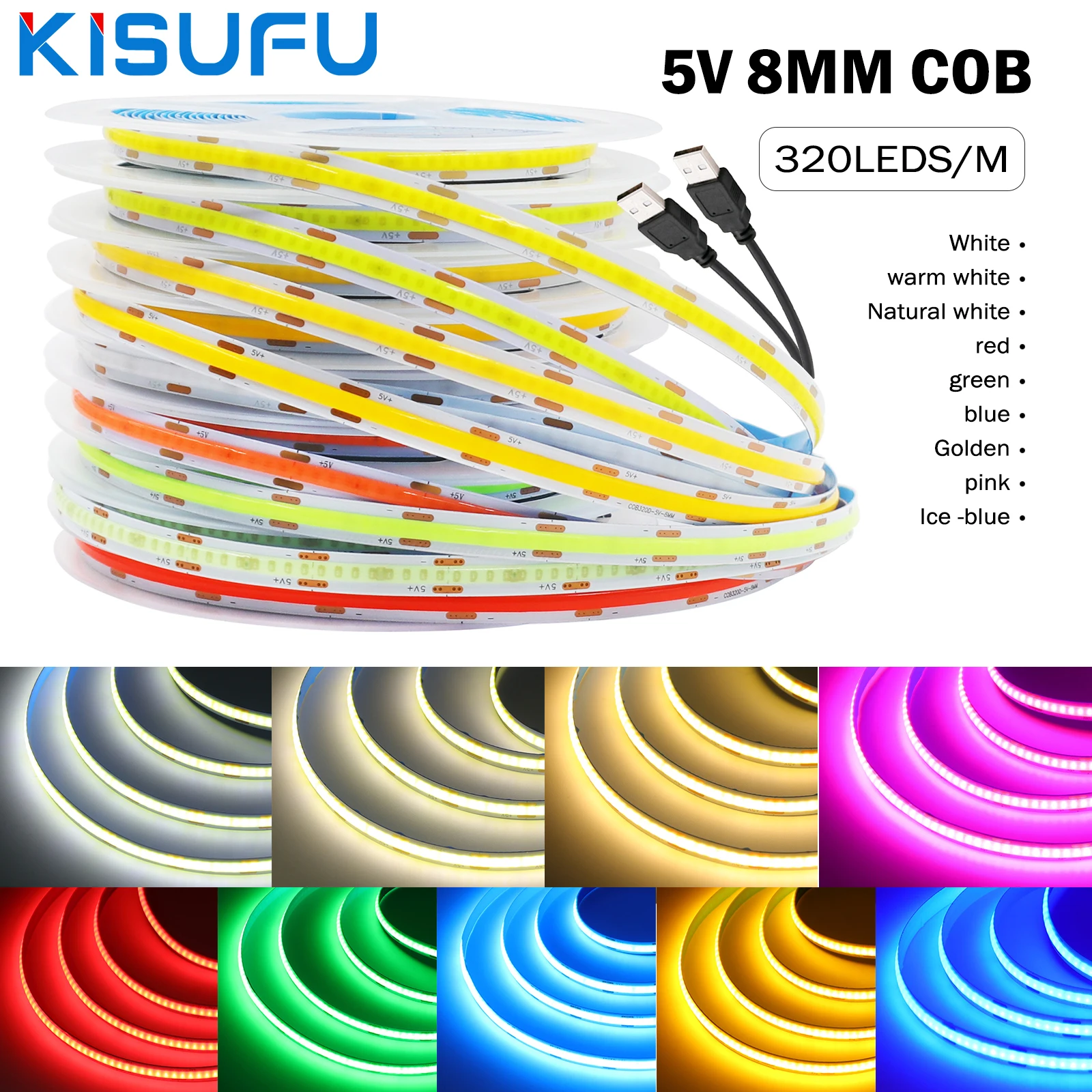 5V USB COB LED Strip White/Warm/Blue/Red/Pink/Green/Yellow Flexible Ribbon Tape 8MM 320LEDs Self-Adhesive LED Strip Night Lamp