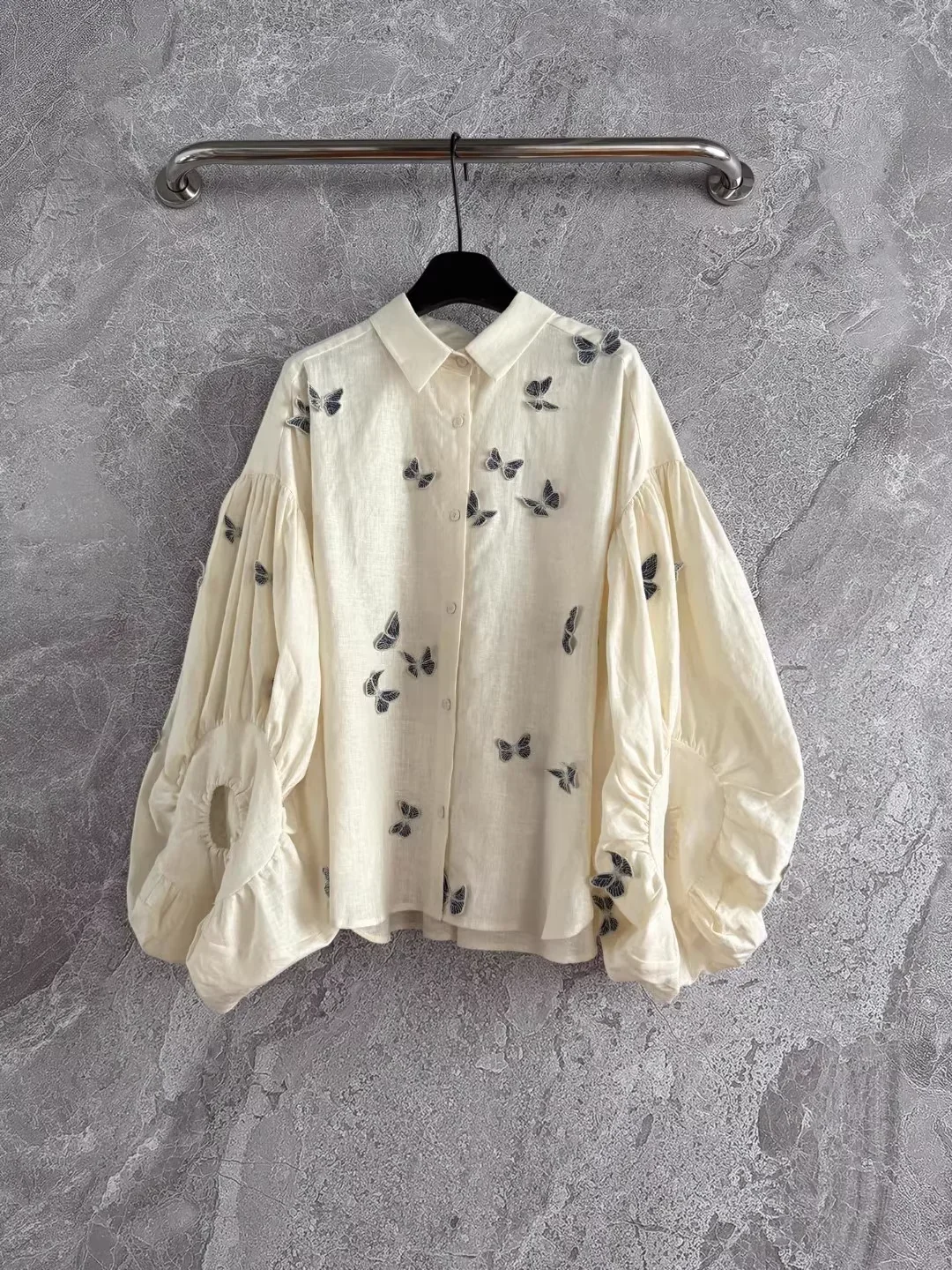 

Women 3D Butterfly Appliques Casual Linen Set High Waist Shorts + Single Breasted Lantern Sleeve Turn-down Collar Shirt top
