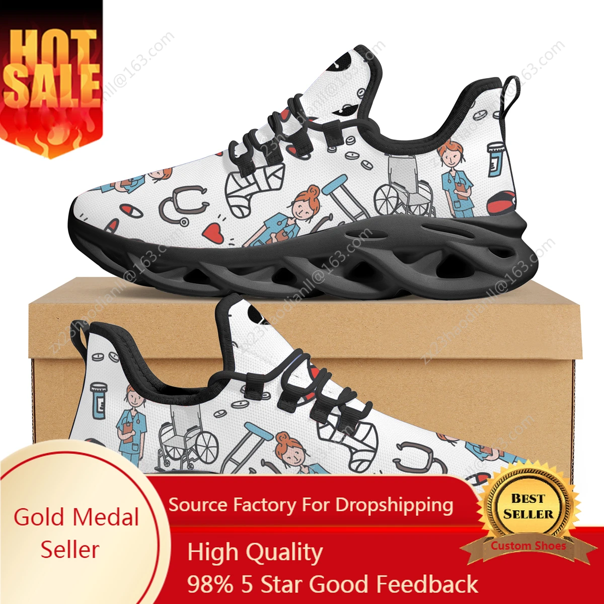 

Cartoon Sketch Medical Nurse Print Flat Shoes Ladies Casual Lace Up Hospital Nursing Shoes Custom Personalized Pattern Sneakers