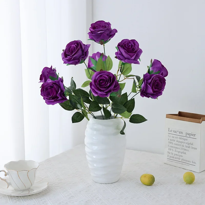 2 Bunches Simulation flower wholesale 9 head handle bouquet roses, high-end wedding decoration bouquet Simulation rose bouquet