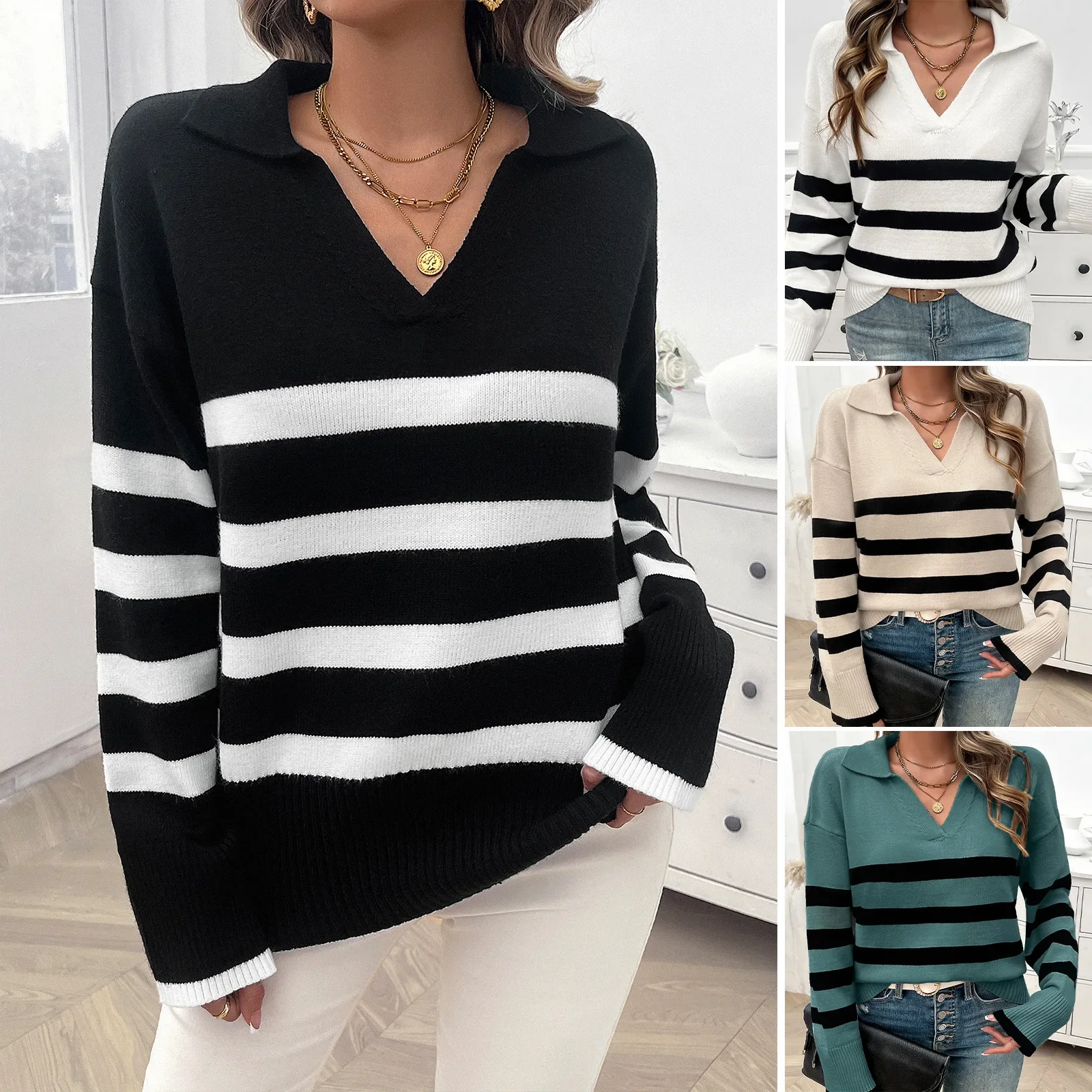 

2024 Autumn and Winter Women's Clothing Casual Loose Striped Contrasting Color Lapel Sweater Top Women