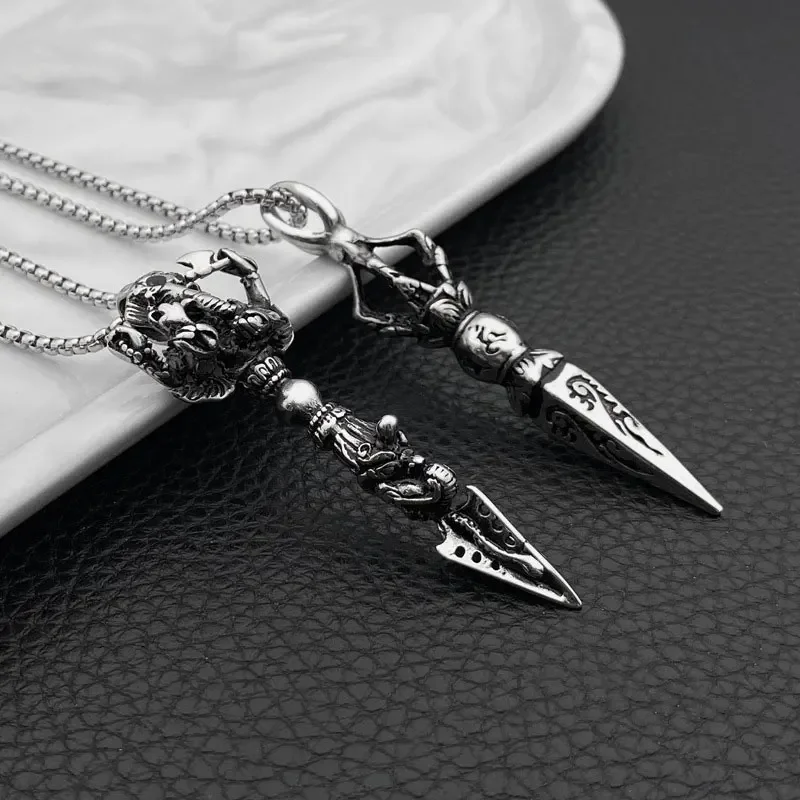 Stainless Steel Vajra Pendant Vintage Buddhist Chain Knife Beads Outdoor EDC Self defense Gear Tools