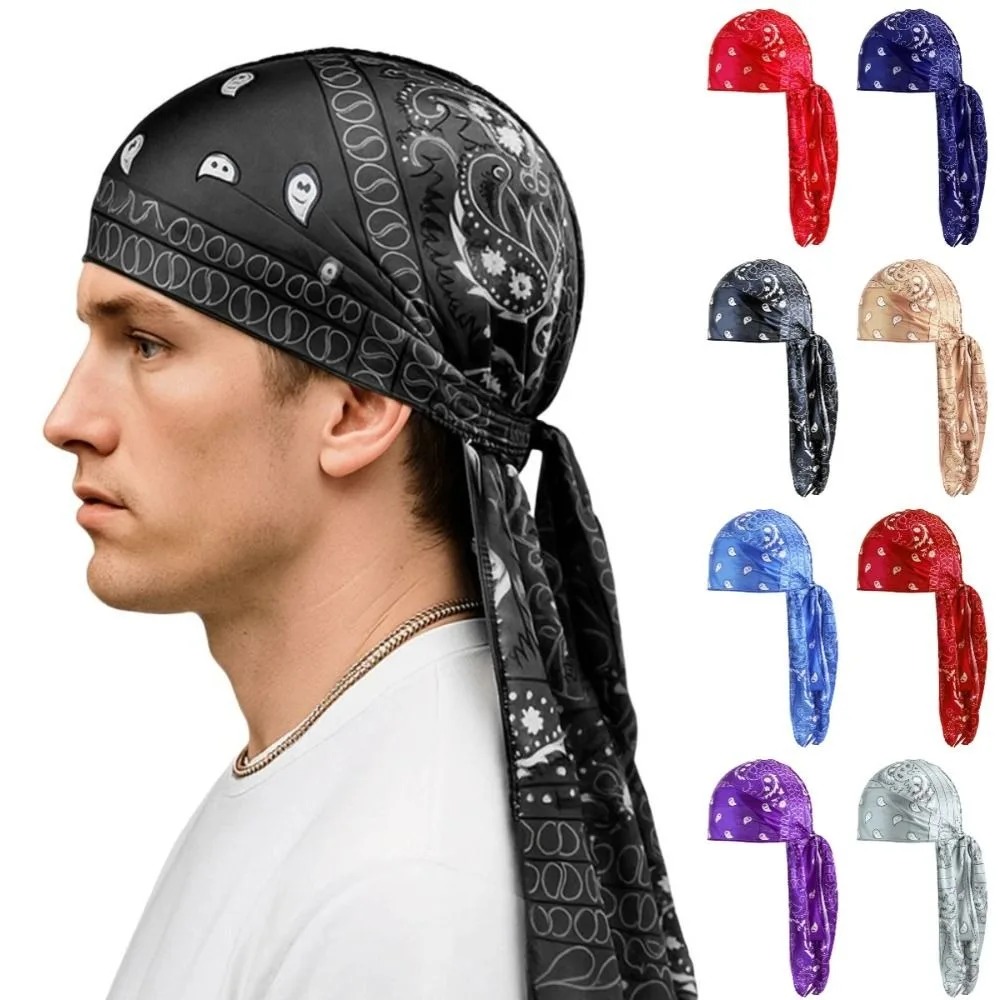 Trends Amoeba Print Men's Headscarf Breathable Imitation Silk Long Tail Pirate Cap Wave Print Lightweight Cycling Hat Outdoor