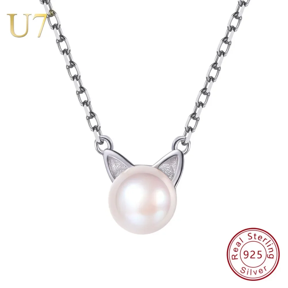 

U7 925 Sterling Silver Freshwater Pearl Cute Cat/Kitten Pendant&Chain Mother's Day Women Gift Animal Jewelry Necklace SC35 QC24