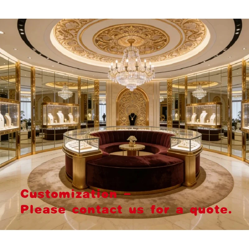 

custom.Luxury Curved Glass Island Jewelry Display Counter Burgundy Velvet VIP Sofa Gold Plated Frame Showcase High-End Jewelry S