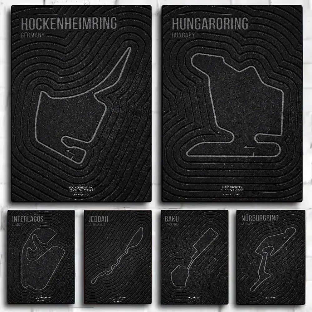 Track Contour Map Poster Black Minimalist Race Circuit Topography Wall Print Art Poster for Man Cave Garage Decor