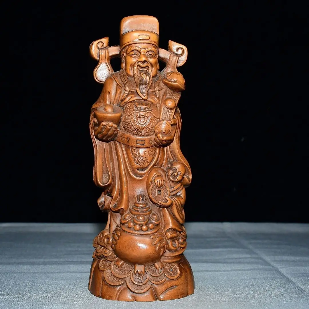 Hand Carved Wood God of Wealth Hold Ingot Statue Figurine Home Desktop Ornament Craft Gift