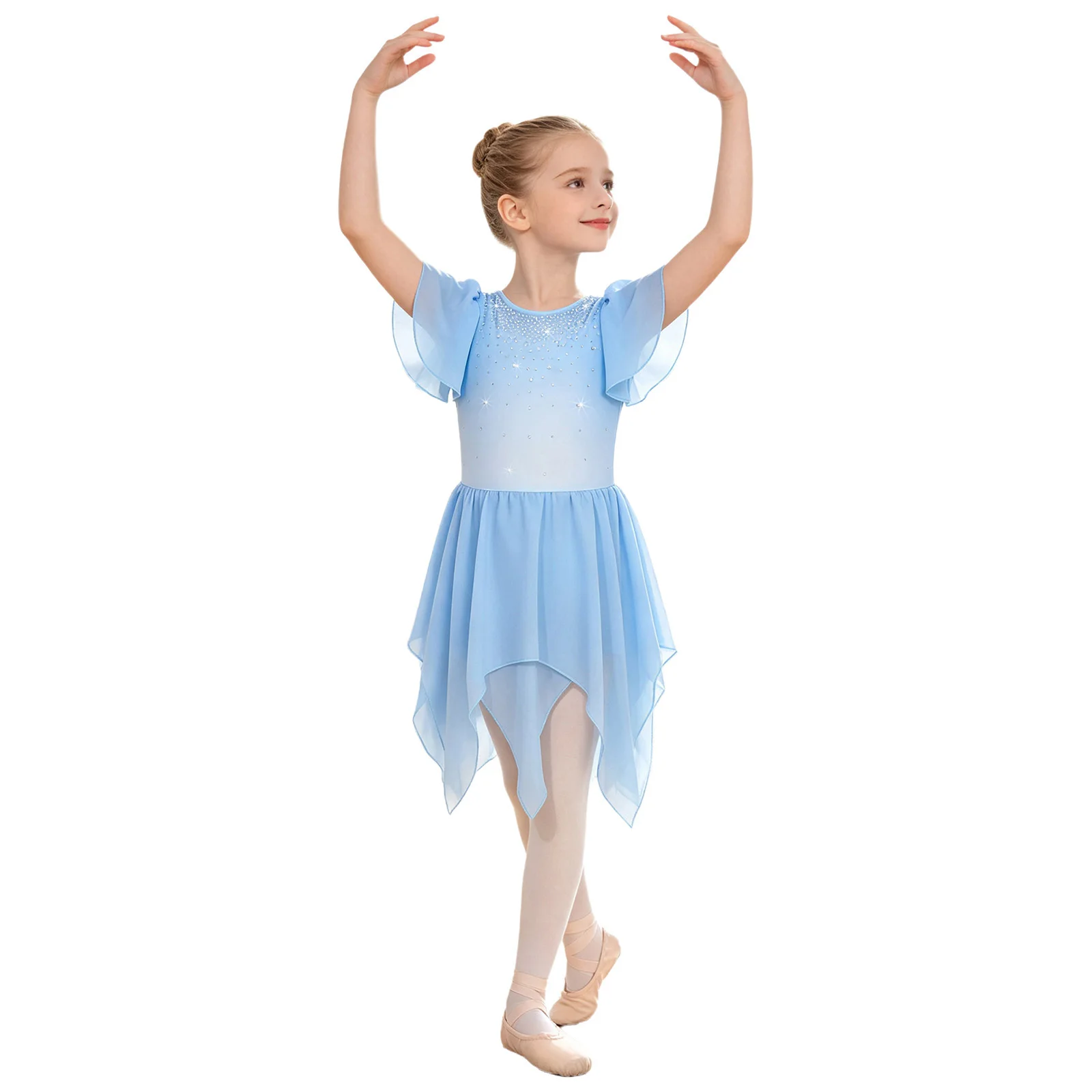Kids Girls Rhinestone Ballet Dress Layered Ruffled Asymmetrical Hem Skating Dress for Dance Party Stage Performance Competition 6