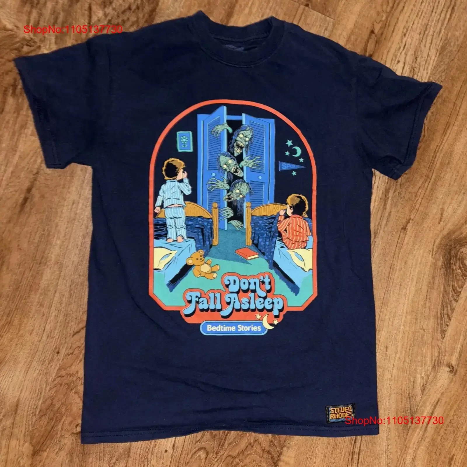 Steven Rhodes cuentos para dormir no se queda dormido camiseta tamaño Sm azul marino vintage lavado ropa de diseñador estirada homme