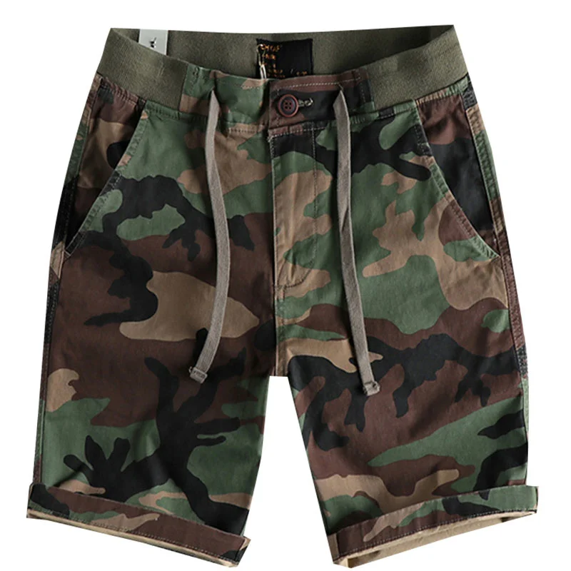 Men's Camouflage Casual Shorts Drawstring Waist Loose Thread splice Waistband Washed for Male