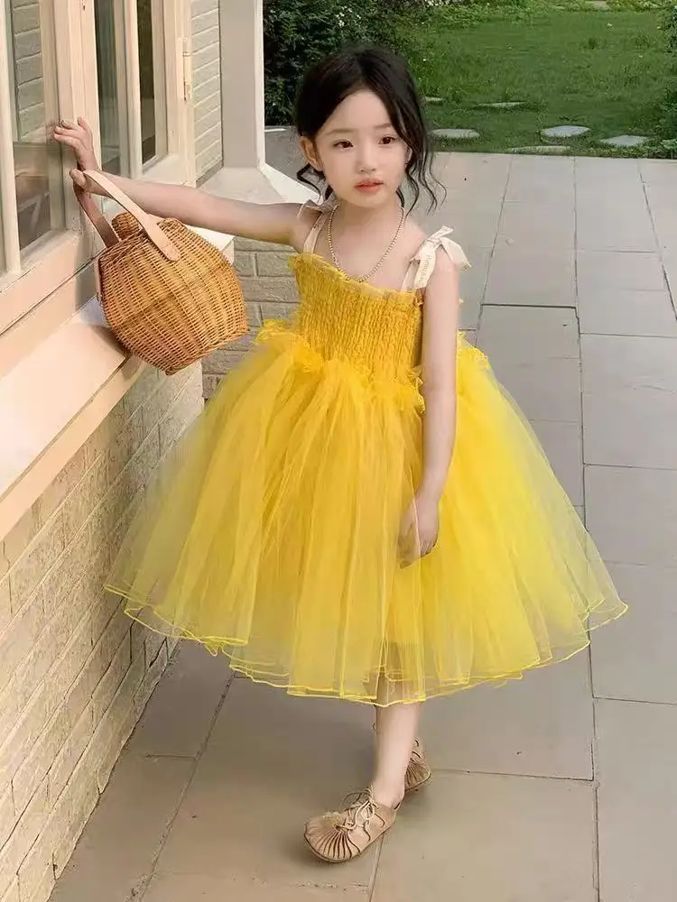 Girls Summer New Yellow Tulle Strap Dress Children's Clothing Little Girl Elegant Sensation Puffy Dress