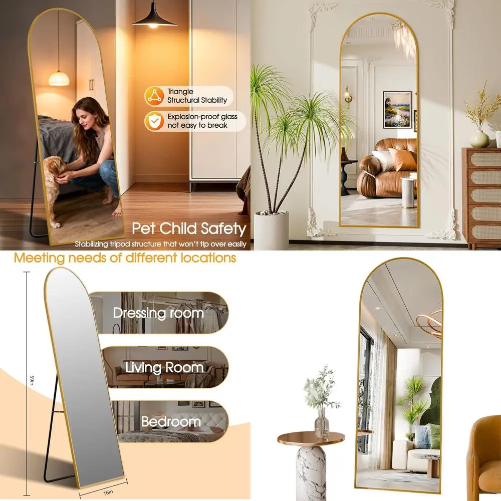 

59 Arched Full-Length Floor Mirror with Stand for Bedroom or Living Room in Gold