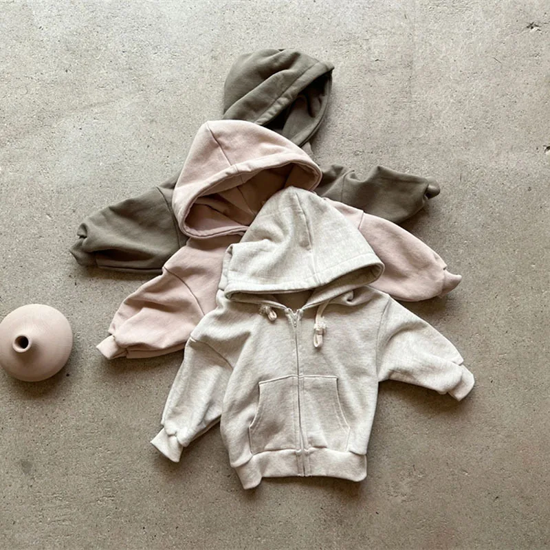 2024 New Children Casual Hooded Jacket Solid Baby Loose Hoodie Cotton Boys Coat Autumn Infant Girl Zipper Jacket Tops