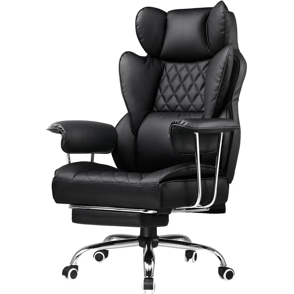 

Ergonomic PU Leather Office Chair with Adjustable Armrests and Footrest, Spring-Supported Lumbar Comfort (Ink Black)