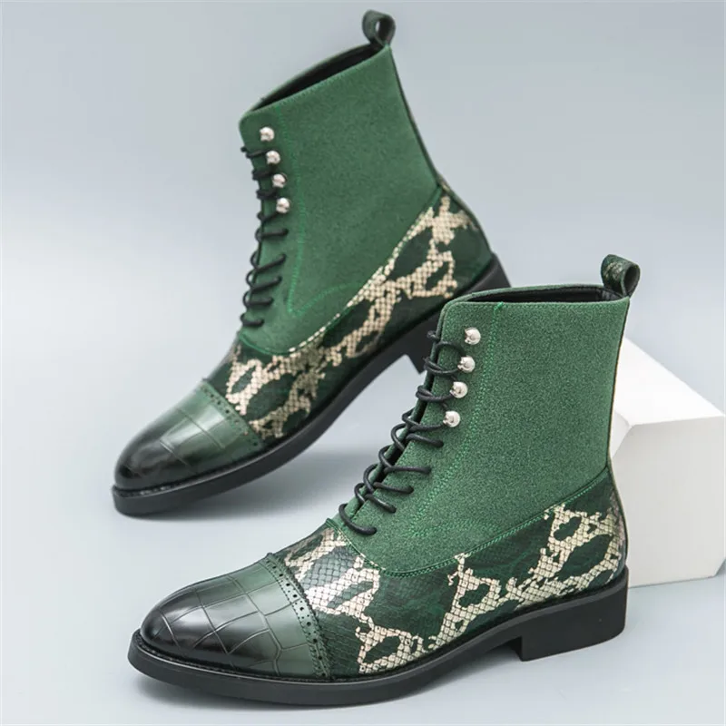 Winter New Fashion Snakeskin Pattern Mixed Motorcycle Ankle Boots Pointed High Tops For Men Flats All Match Shoes Zapatos Hombre