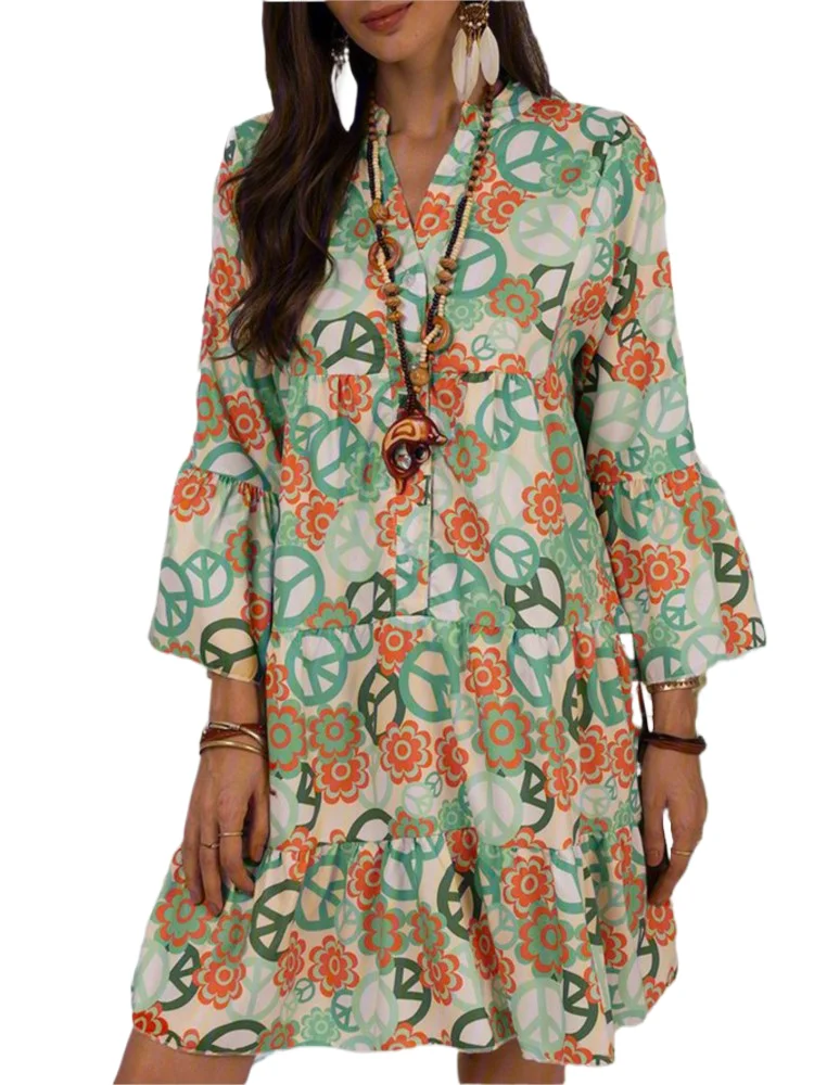 

Women's Floral Print Dress Fashion V Neck Three Quarter Button Pullover Dresses For Women Casual Boho Holiday Beach Skirt Summer