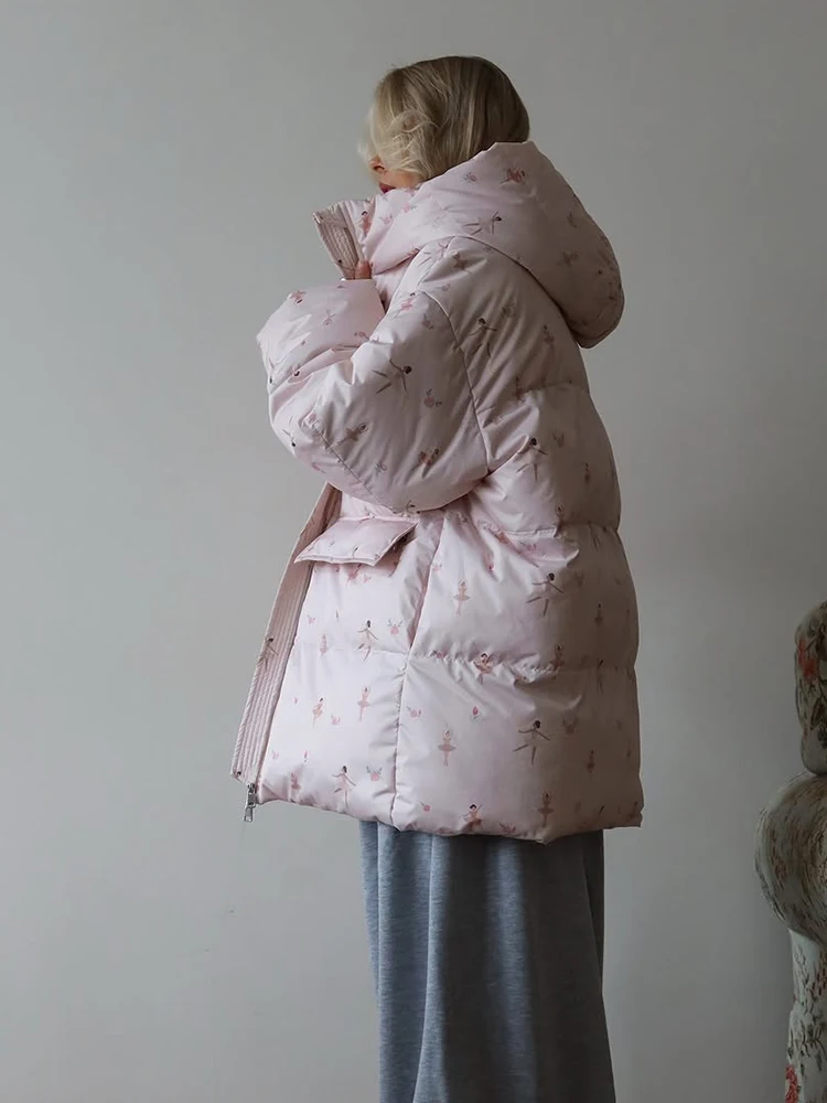 معاطف قطنية فضفاضة دافئة مطبوعة باللون الوردي أنيقة للنساء بسحاب عصري وأكمام طويلة مع قلنسوة ملابس نسائية غير رسمية للتنقل في الشارع