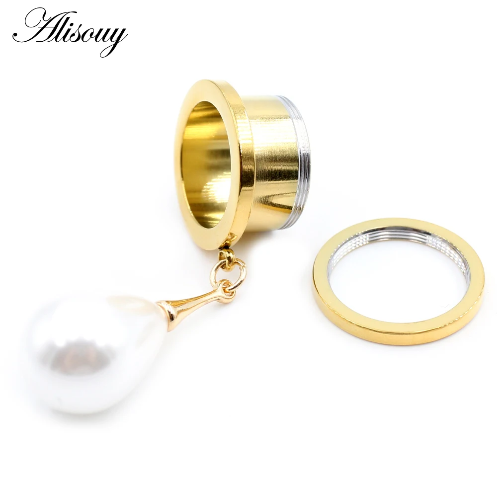 Alisouy 1pc Stainless Steel Water Drop Pearls Ear Flesh Tunnels Plugs Expanders Stretcher Gauges Earrings Piercing Body Jewelry